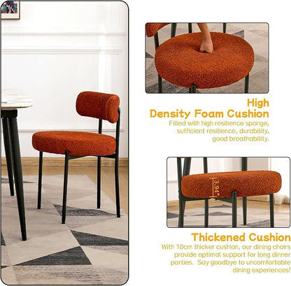 EDWELL Orange Dining Chairs Set of 2, Upholstered Dining Room Chairs, Curved Backrest Boucle Dining Chair for Kitchen, Living Room, Mid-Century Modern Kitchen Chairs with Black Metal Legs