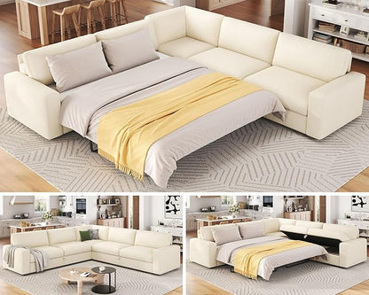 AMERLIFE 106" Oversized Sofa Bed, Sectional Sleeper Sofa with Pull Out Bed, 3 in 1 Convertible Sofa Bed, L Shaped Couch with Storage, High Resilience Mattress, Chenille Beige
