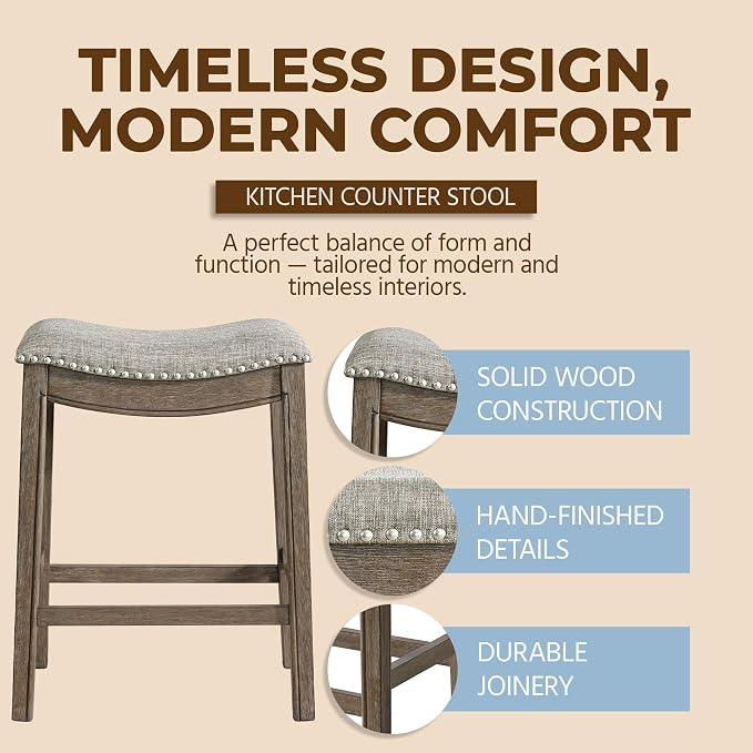 ROME + OAK Parker 26-Inch Backless Counter Stool, Backless Saddle Kitchen Stool in Walnut Finish with Grey Fabric Upholstery Cushion Seat