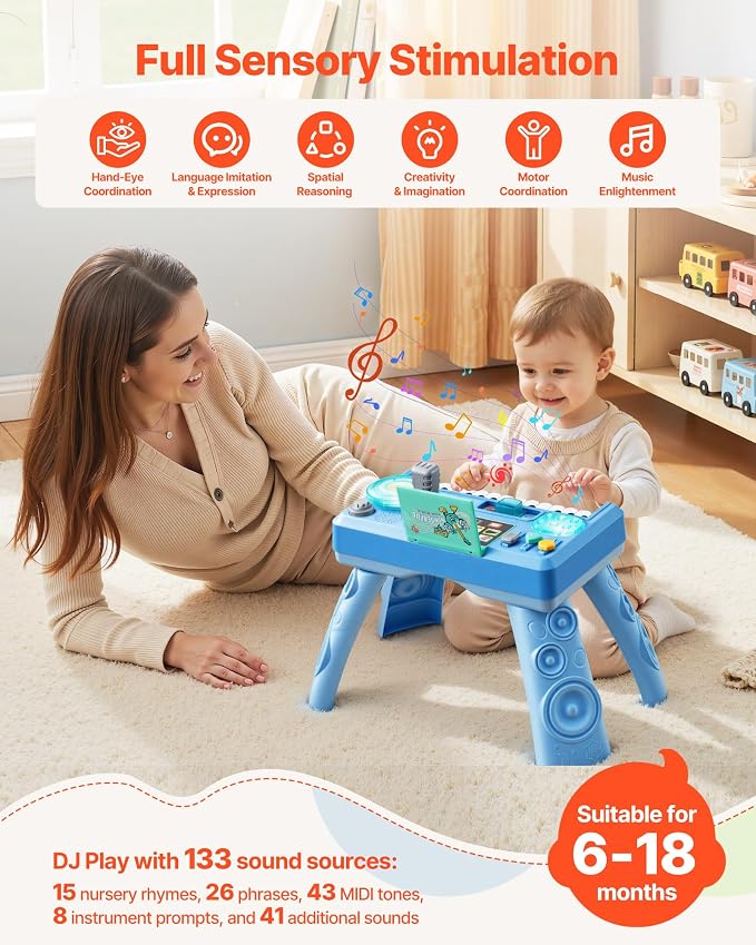 VEVOR Baby DJ Playset for Toddlers 6-18 Months, Educational Musical Table Toys with 133 Sound Sources, Recording and LED DJ Turntable, Baby Activity Table for Birthday, for Kids Aged 6-18 Months