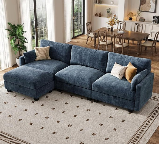 Modular Sectional L Shaped Sofa Couches for Living Room, Cloud Couch with Storage Ottoman, Comfy Chenille Sofa with Pillow, Blue