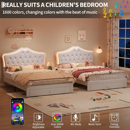 Garvee Full Size Bed Frame with LED Lights & Velvet Crystal Button Headboard, Upholstered Boy/Girl Platform Bed with Storage Drawer, Noise Free, No Box Spring Needed for Kids, Teens, Beige