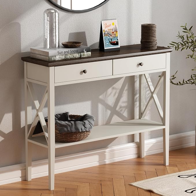 ChooChoo Farmhouse Console Table with Drawers, Narrow Wood Accent Sofa Table Entryway Table with Storage Shelf for Entryway, Front Hall, Hallway, Living Room, Antique White & Brown