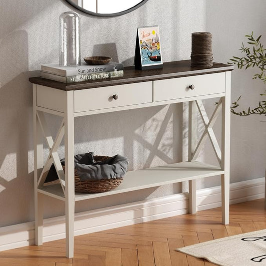 ChooChoo Farmhouse Console Table with Drawers, Narrow Wood Accent Sofa Table Entryway Table with Storage Shelf for Entryway, Front Hall, Hallway, Living Room, Antique White & Brown