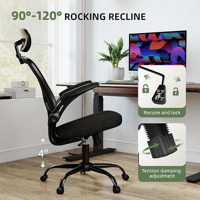 ralex-chair Ergonomic Office Chair with Adjustable Headrest & Lumbar Support, Computer Desk Chair with Flip-Up Armrests, Comfortable for Home, Office, Conference Room