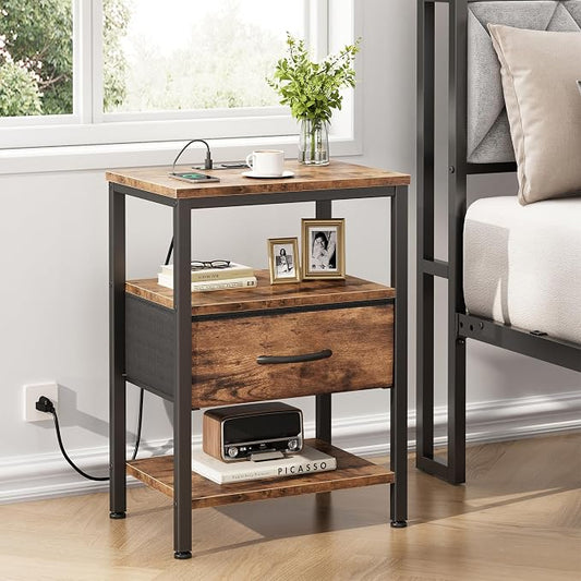 DUMOS Bedside Table with Charging Station and an Adjustable Fabric Drawer, and it is a Compact Nightstand, as Well as a 3-Tier Storage Organizer and an End Table for Bedroom, Brown