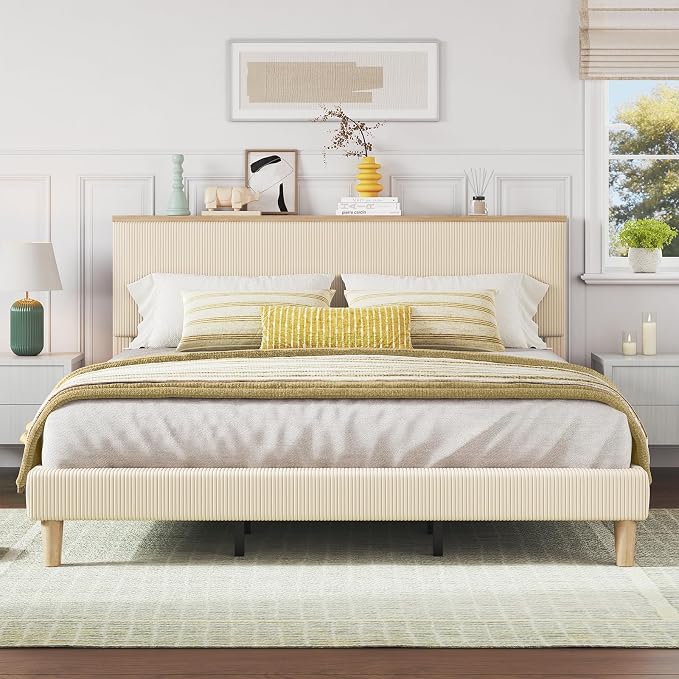 Bestier King Bed Frame with Adjustable Headboard & LEDLighting, Corduroy Upholstered Platform Bed Frame withStorage Shelf, Solid Wood Slats, No Box Spring Needed,Never Squeak, Easy Assembly, Beige