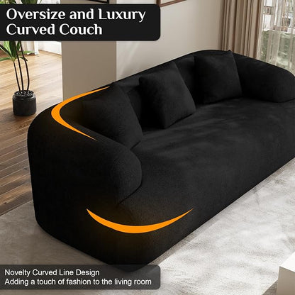 Oversized Sectional Sofa for Living Room, Modern Luxury Plush Chenille 3-Seater Extra Deep & Wide Seat Curved Cloud Couch with 3 Throw Pillows, No Assembly Needed, Black（91 inch）