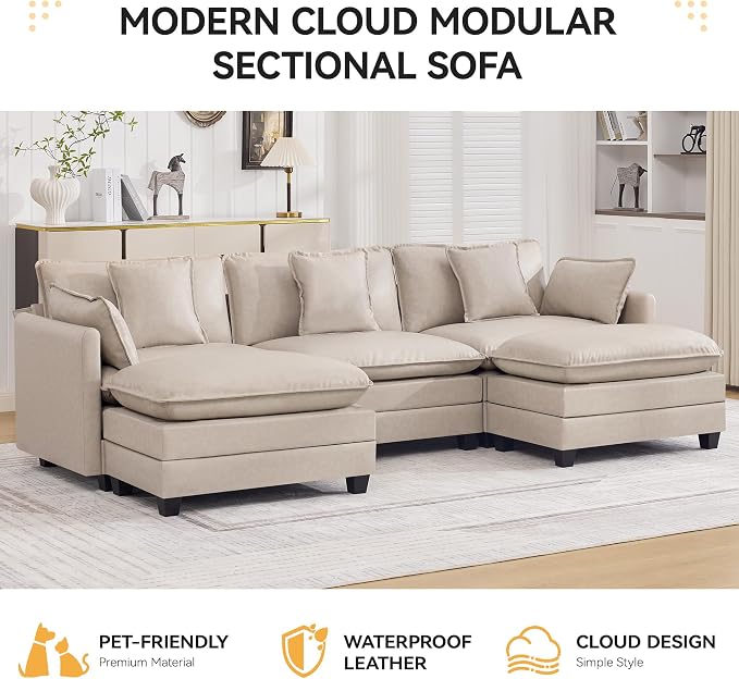 111'' Sectional Cloud Deep Seat Couch, Oversized Leather U Shaped Sectional Sofa for Living Room Set, Comfy Upholstered Modular 5-Seats Sectional Sofa Couch with 2 Movable Ottoman, Leather Beige