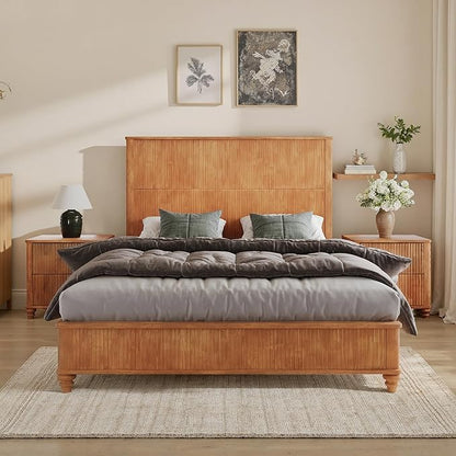 3-Pieces Bedroom Sets, Queen Size Platform Bed with 2 Nightstands, Solid Wood Platform Bed Frame with Tall Headboard and Classic American Turned Legs (Natural, Queen)