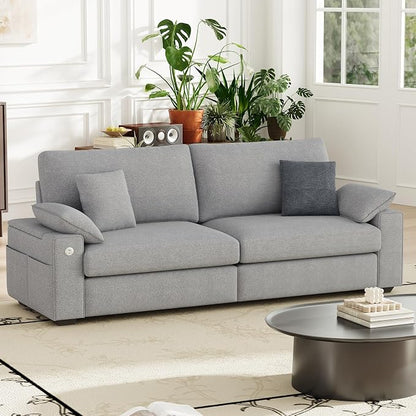 MALOL 89" Loveseat Couch, 3 Seater Upholstered Midcentury Mondern Love Seat with USB Type C Ports, 4 Pillows and Storage Armrest Cloud Foam Sofa for Living Room/Small Spaces, Grey | Breathable material