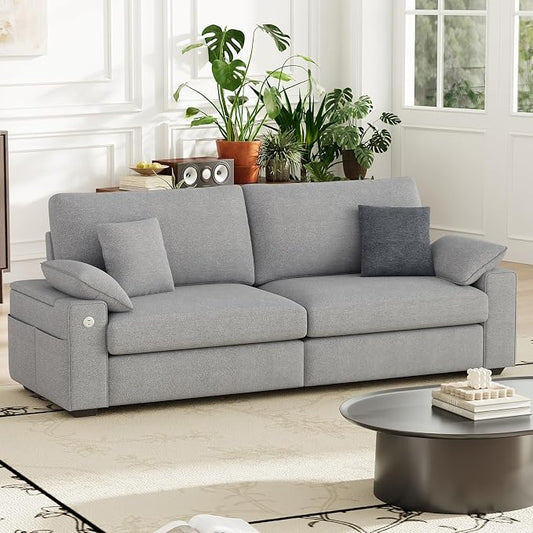 MALOL 89" Loveseat Couch, 3 Seater Upholstered Midcentury Mondern Love Seat with USB Type C Ports, 4 Pillows and Storage Armrest Cloud Foam Sofa for Living Room/Small Spaces, Grey | Breathable material