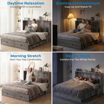 Mjkone 63" W Queen Size Murphy Bed Cabinet with Mattress Include, Modern Guest Cabinet Beds with USB Charging Station, Chest Cabinets Bed with Storage Drawer for Bedroom Home Office, Grey