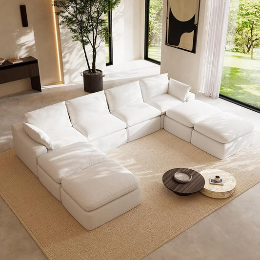 Novilla 133.8" Modular Cloud Couch, Modern Sectional Sofa with Smarts Coil® Support, Chenille Fabric, Upholstered Couch for Living Room Apartments Bedroom, No Assembly, 4 Seater + 4 Ottoman, White