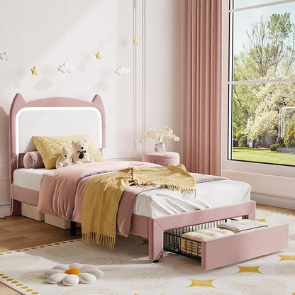 Garvee Twin Upholstered LED Bed Frame with Storage Drawer & Cute Cat Headboard, Velvet Princess Platform Bed Frame with Sturdy Wood Slats Support for Girls/Kids, No Box Spring Needed, Pink