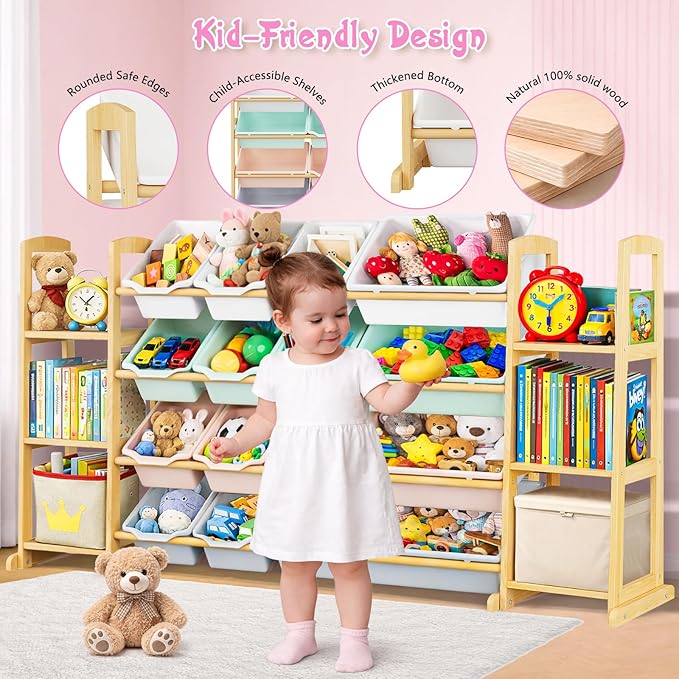 Kids Toy Storage Organizer with Bookshelf – Wooden Shelf with 16 Bins & 6 Shelves, Quick Assembly Storage Rack for Playroom, Bedroom, Nursery – Colorful