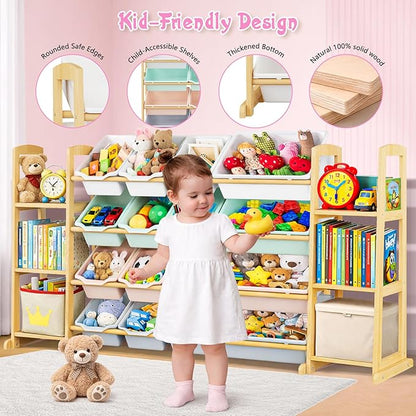 Kids Toy Storage Organizer with Bookshelf – Wooden Shelf with 16 Bins & 6 Shelves, Quick Assembly Storage Rack for Playroom, Bedroom, Nursery – Colorful