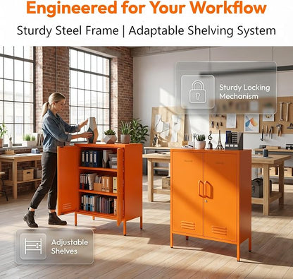 Multipurpose Accent Cabinet Locker, Metal Storage Cabinet with 2 Adjustable Shelves, Heavy Duty & Lockable Organizer Made of Thickened Steel, Easy Assembly for Home, Entryway, Orange