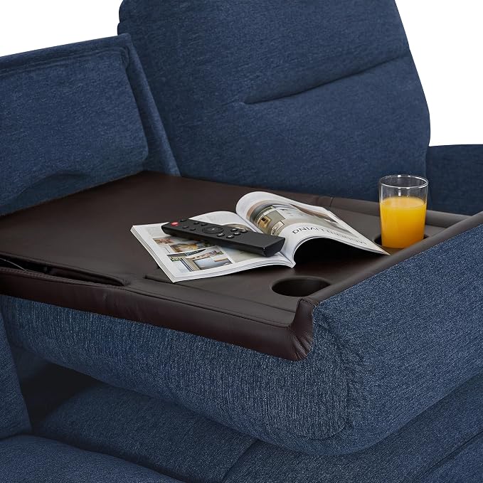 MCombo 87.8" Wall Hugger Power Reclining Sofa with Drop Down Table, 3-Seater Recliner Couch for Small Spaces Living Room RV, USB Ports, Fabric PR635M3 (Navy Blue)