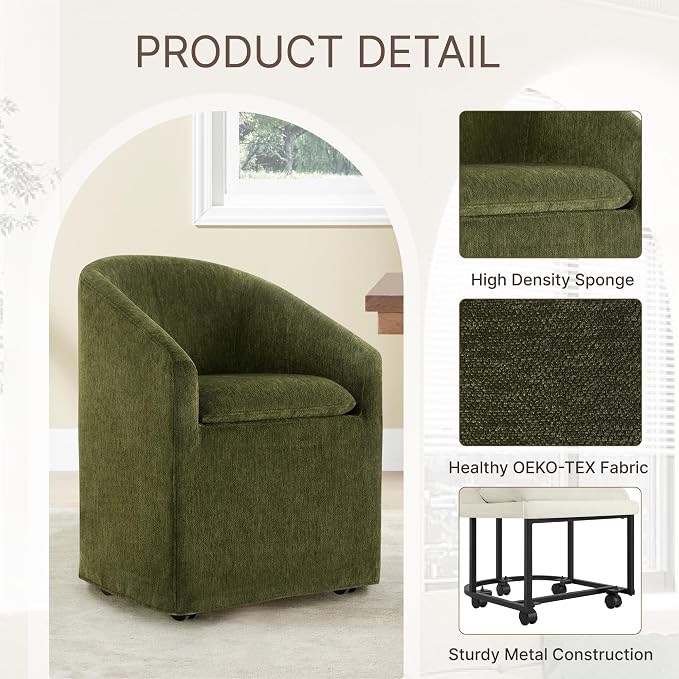 KISLOT Upholstered Dining Chairs Set of 1 with Casters, Modern Side Barrel Armchair with Washable Slipcover & Sturdy Metal Frame for Diningroom Bedroom Livingroom Reading Room, Green Fabric