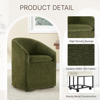 KISLOT Upholstered Dining Chairs Set of 1 with Casters, Modern Side Barrel Armchair with Washable Slipcover & Sturdy Metal Frame for Diningroom Bedroom Livingroom Reading Room, Green Fabric