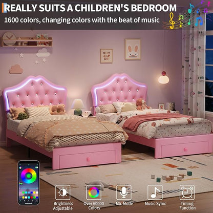 Twin Size Bed Frame for Girls with Storage Drawers & LED Lights, Upholstered Platform Bed, Velvet Crystal Button Princess Bed, Noise-Free Slats, No Box Spring Needed for Kids, Teens, Pink