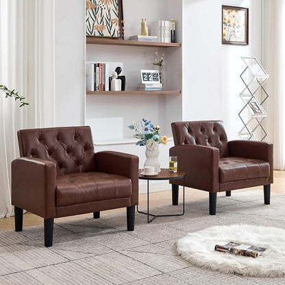 TYBOATLE Accent Chairs Set of 2, Comfy Living Room Chair Leather Tufted Mid Century Modern Accent Chair, Small Cozy Reading Arm Chair for Office, Bedroom