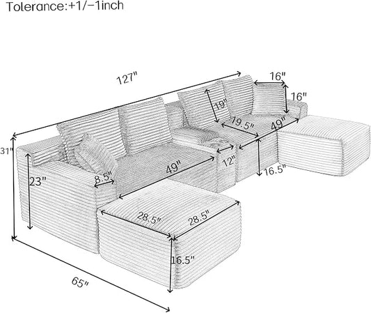 127" U-Shaped Symmetrical Cloud Sectional Couch Oversized Modular Compressed Boneless Sectional Sofa with Ottoman Chaise Lounges & Console, Fluffy Corduroy Corner Foam Sofa