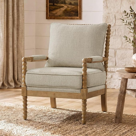 Morden Fort Linen Fabric Spindle Accent Chair with Wood Frame, French Style Accent Chairs with Padded Spring Seat and Armrest Pads, Brushed Base for Living Room Bedroom Farmhouse Office Balcony(Beige)