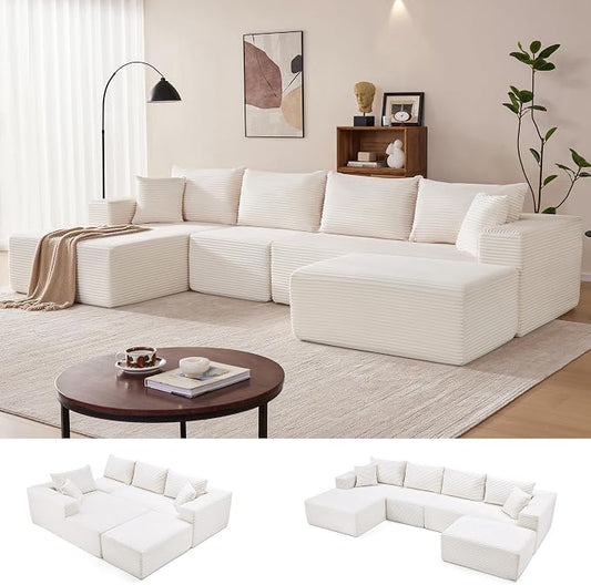 Mangodan 140” Cloud Sectional Couch, Modular Sectional Sofa with Deep Seat, Boneless Sofa for Living Room, Fluffy Comfy U-Shaped Couch with Left Facing Chaise, No Assembly Required, Beige