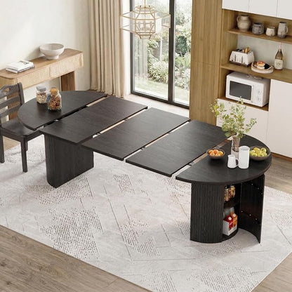 43-95 Inch Oval Extendable Dining Table for 4-10, Fluted Space Saving Long Round Kitchen Table with 3 Leaf, 2 Storage, Mid Century Modern Dining Room Dinner Table for Living Room, Black