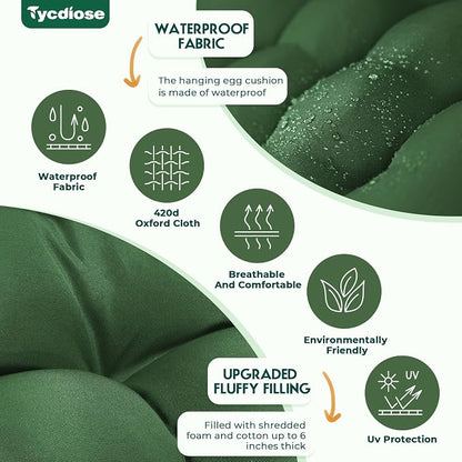 Outdoor Hanging Egg Chair Cushion Replacement, Thicken Egg Chair Cushion Waterproof Basket Eggs Chairs Cushion with Headrest Pillow, U-Shaped Cushions for Hanging Eggs Chairs Swing (Green)