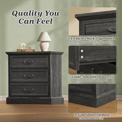 Huuger Nightstand with Charging Station, 3 Drawer Night Stand, 22 Inch Wider Side Table with Storage, Farmhouse Nightstand with Vintage Handles, Thicken Base, for Bedroom, Black
