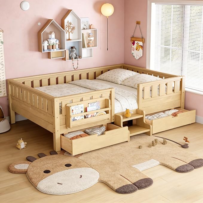 Queen Platform Bed with Drawers and Bookshelves, Kids Platform Bed Frame with Low-profile Stairs and Full-length Guardrails, Queen Bed Frame for Boys, Girls, No Box Spring Needed, Light Nature