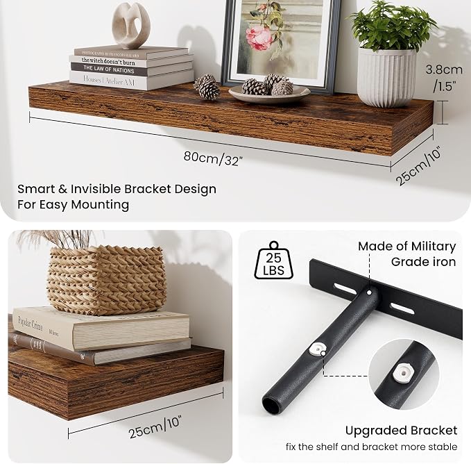 Fun Memories Floating Shelves for Wall, 32 Inch Long Floating Shelves Set of 3, 32 x 10 Wooden Shelves for Wall, Large Storage Shelves, Hanging Shelves for Bathroom Kitchen Bedroom, Rustic Brown