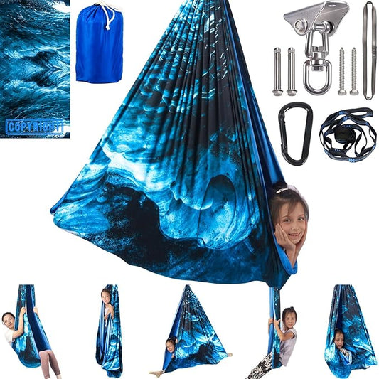 Sensory Swing for Kids Indoor & Outdoor Double Layer Therapy Cuddle Swing with 360° Swivel Hanger Kit Adjustable Swings for Child and Adult with Aspergers Autism (Ice Teal)