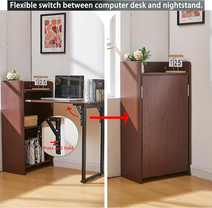 Fold Out Desk with Storage and Built-in Outlet, Mid Century Foldable Desk for Small Spaces, Hidden Folding Table for Home Office or Bedroom (Brown)