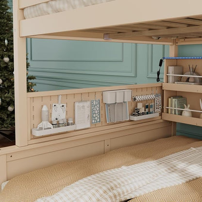 Merax Full Over Queen Bunk Bed,Wood bunk Bed with LED,Bed with Integrated Shelving, Color-Changing Lights and Pegboard, Full XL Over Queen, Beige
