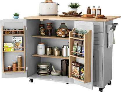 HLR Kitchen Island with Storage, Grey Rolling Kitchen Island on Wheels with Drop-Leaf Bar Countertop, Prep Table with Side Open Spice Rack and Tower Rack, Home Bar Carts with Storage