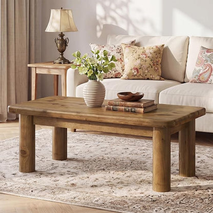 47-Inch Solid Wood Coffee Table, Rustic Rectangular Center Table for Living Room, Low Cocktail Tea Furniture with Thick Cylindrical Legs