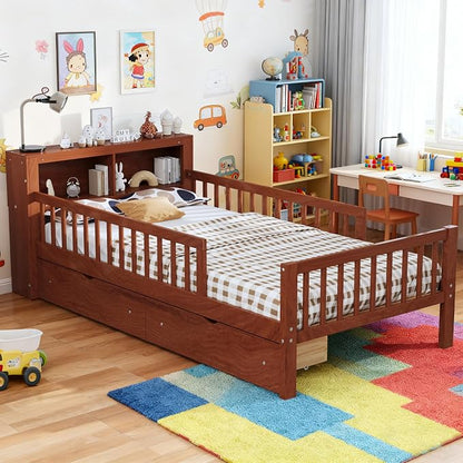 Bellemave Kids Twin Bed Frame with Fences, 2 Drawers & Storage Headboard, Twin Size Platform Bed with 3-Side Guardrails for Kids, Girls & Boys, Walnut