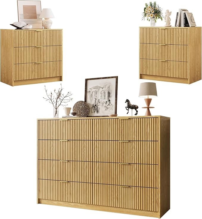 MAISONARIA 3-Piece Dresser Bedroom Set, 8 Drawer Dresser & 3 Drawer Nightstands with Gold Handles, Fluted Wood Chest of Drawers for Bedroom, Living Room, Entryway, Natural