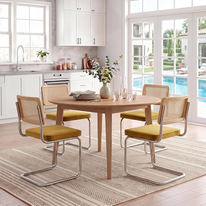 Zesthouse Rattan Dining Chairs Set of 6, Mid Century Modern Dining Room Chairs with Natural Cane Mesh & Chrome Base, Yellow Velvet Cesca Chair, Farmhouse Kitchen Chair with Solid Wood Frame Back