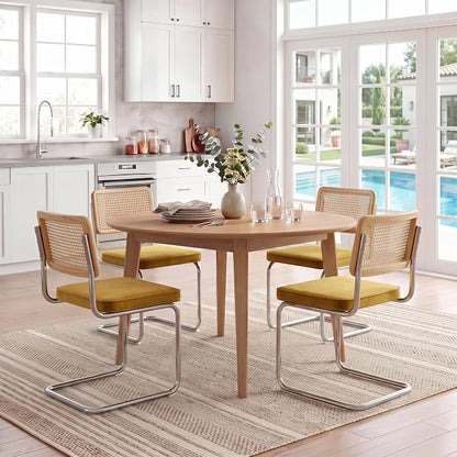 Zesthouse Rattan Dining Chairs Set of 6, Mid Century Modern Dining Room Chairs with Natural Cane Mesh & Chrome Base, Yellow Velvet Cesca Chair, Farmhouse Kitchen Chair with Solid Wood Frame Back