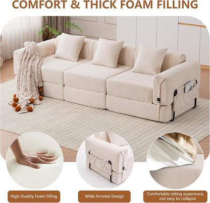 Cloud Modular Sectional Sofa, Foldable Floor Couch Bed, Convertible Sleeper Sofa Bed, Fold Out Boneless Couches for Living Room, Office, Guest Room, Apartment (3 Seater Couch, Beige)