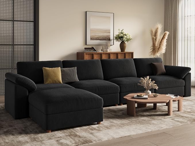 EASE MOOSE Oversized Black Sectional Modular Sofa with Ottoman, Large Comfty L Shape Sectional Deep Modular Sofa,Cloud Couch for Living Room,Removable Cover