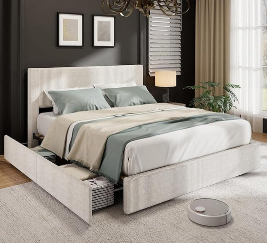 GAOMON Corduroy Full Bed Frame with Headboard, Platform Upholstered Bed Frame with 4 Storage Drawers and Wooden Slats Support, No Box Spring Needed, Beige