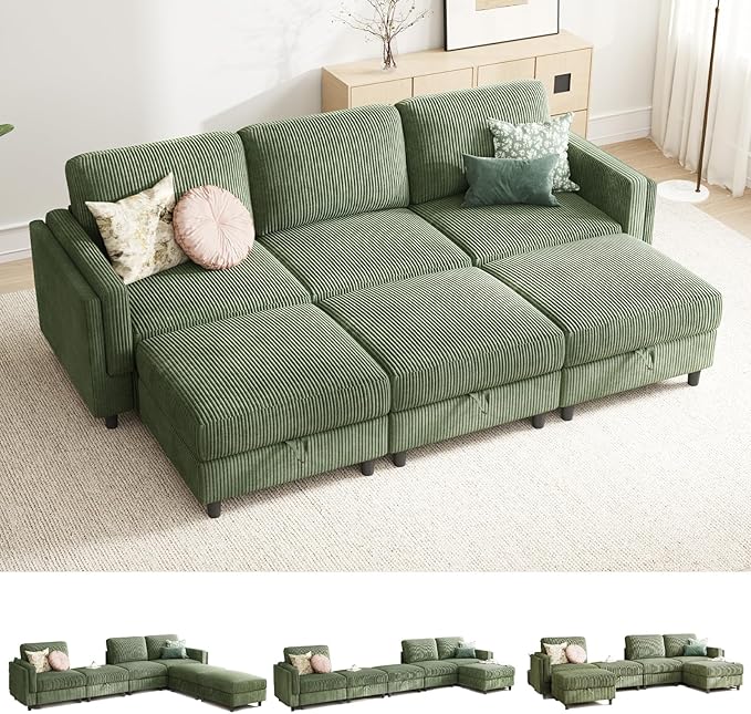 KKL 6 Seaters Sofa Bed for Living Room - Sofa Couch with Storage Ottoman, Convertible L/U-Shaped Sleeper Couch for Living Room, Modern Reversible Design, Green