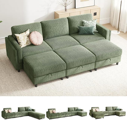 KKL 6 Seaters Sofa Bed for Living Room - Sofa Couch with Storage Ottoman, Convertible L/U-Shaped Sleeper Couch for Living Room, Modern Reversible Design, Green