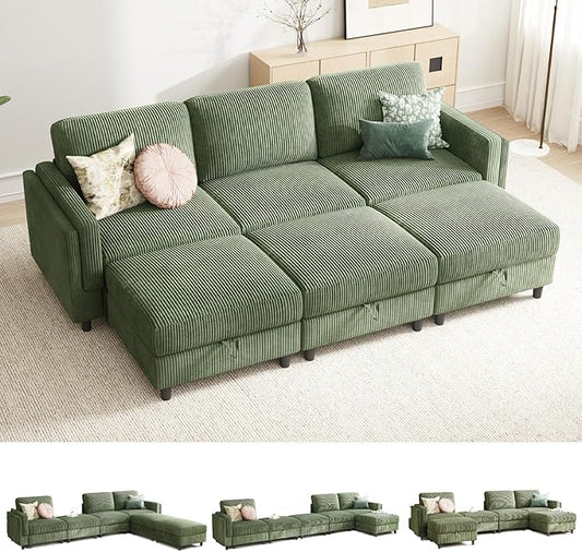 KKL 6 Seaters Sofa Bed for Living Room - Sofa Couch with Storage Ottoman, Convertible L/U-Shaped Sleeper Couch for Living Room, Modern Reversible Design, Green